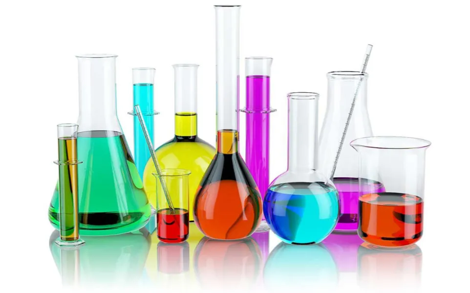 multiple flasks and beakers with different colored liquids