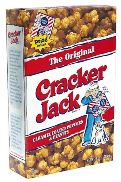 original cracker jack caramael popcorn box with red text on white background and kid sailor cartoon